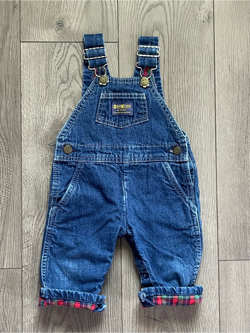 Vintage Oshkosh B’gosh Vestbak USA Plaid Flannel Lined 12m Baby Denim Overalls